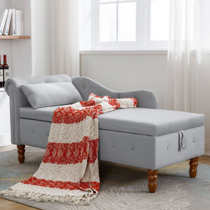 Chaise Lounge Indoor, Velvet Lounge Chair For Bedroom With Storage & Pillow, Modern Upholstered Rolled Arm Chase Lounge For Sleeping With Nailhead Trim For Living Room Bedroom Office - Gray