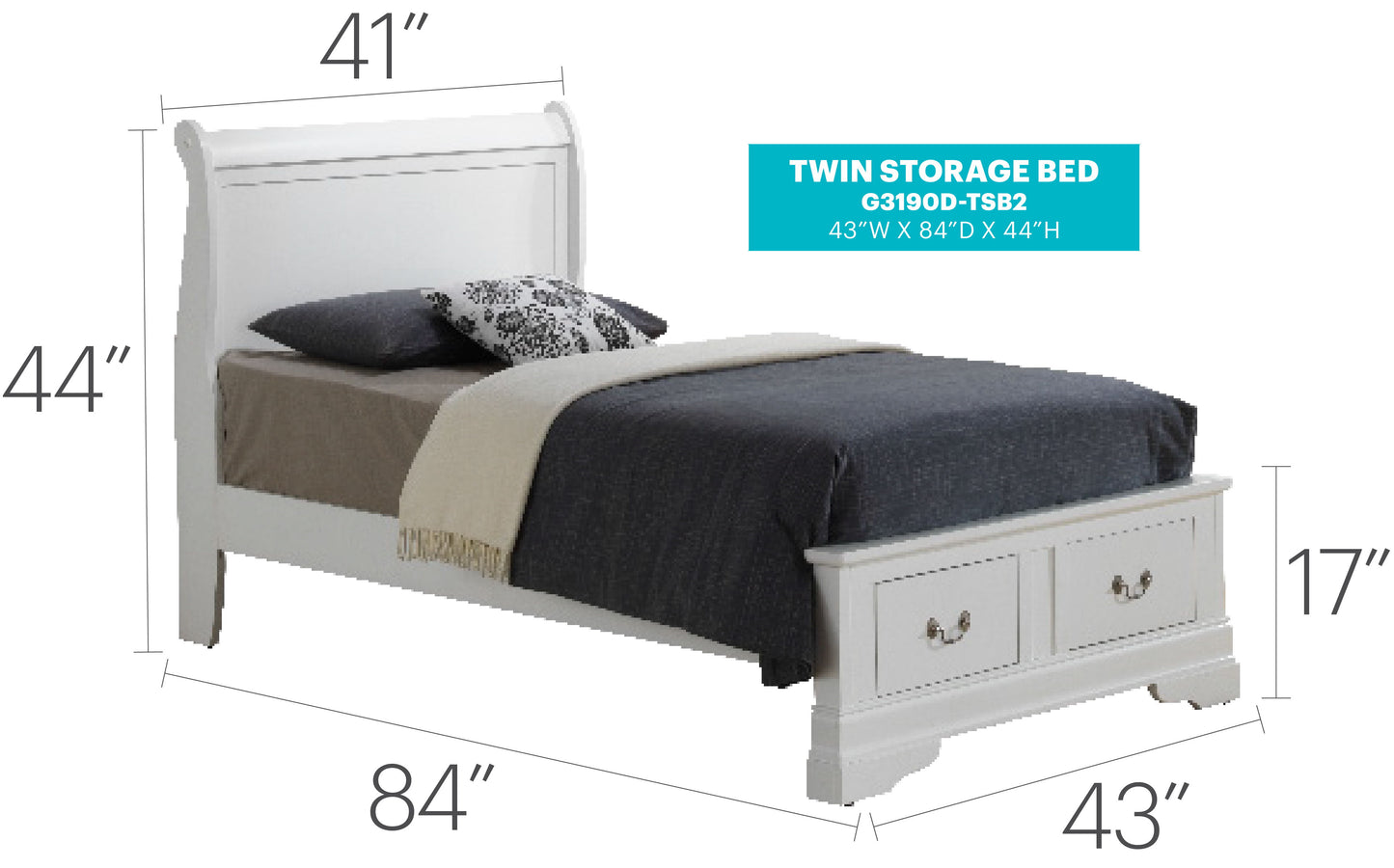 Louis Phillipe - Twin Elegant Storage Bed - White
