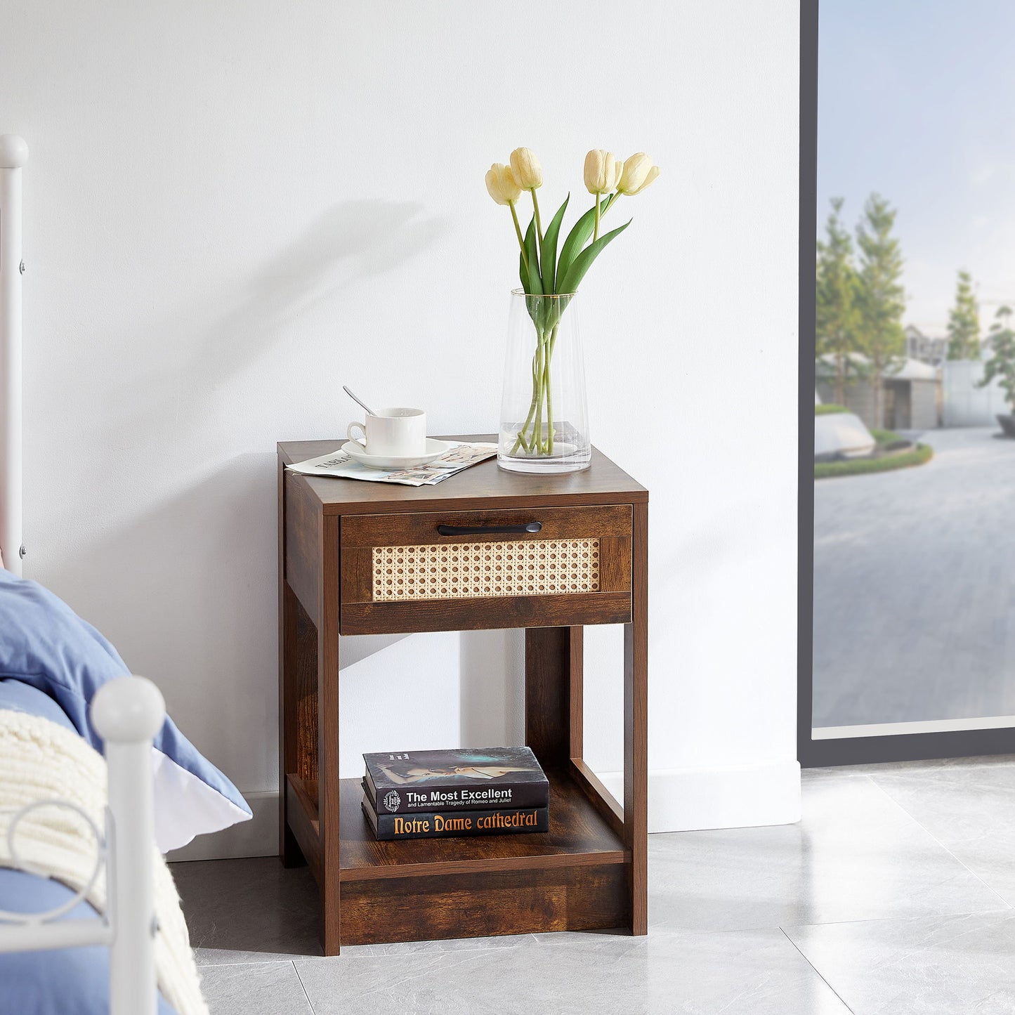 15.75" Rattan End Table With Drawer, Modern Nightstand, Side Table For Living Room, Bedroom - Rustic Brown