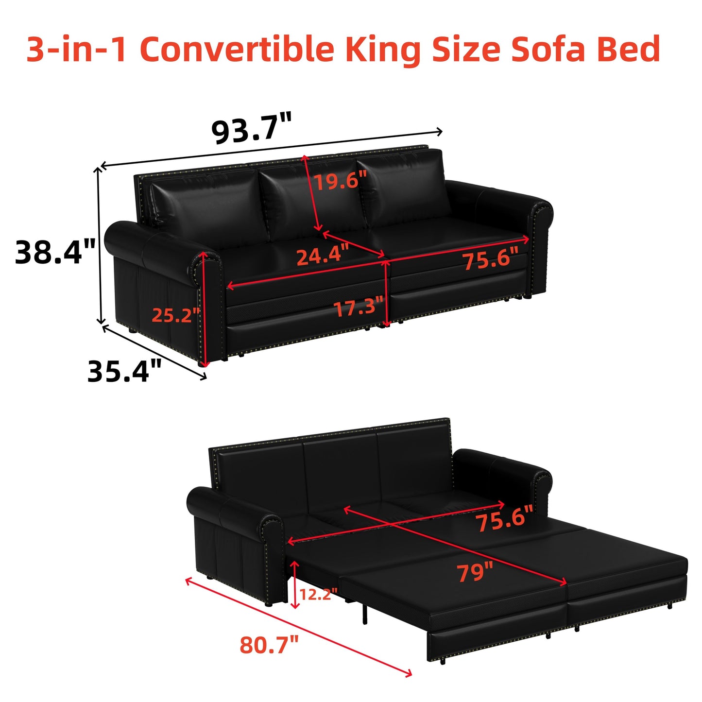 Pull Out Sofa Bed, 3 In 1 Faux Leather Convertible Sleeper Sofa With Nailhead Trim & Rolled Arm Multifunctional Sofa Bed For Living Room - Black