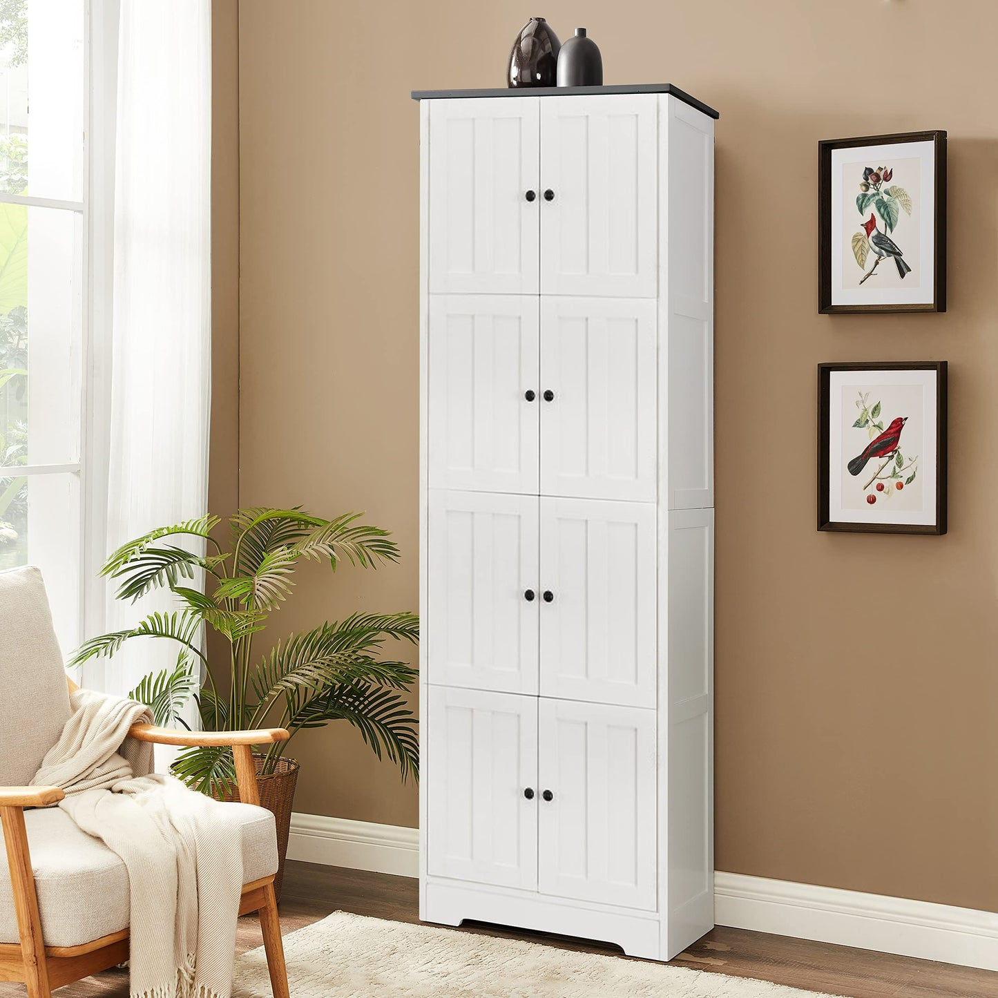 Tall Storage Cabinet With 8 Doors And 4 Shelves, Wall Storage Cabinet For Living Room, Kitchen, Office, Bedroom, Bathroom - White
