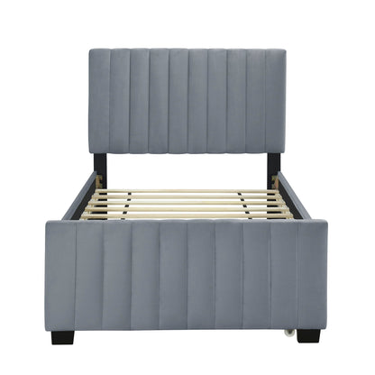 Twin Size Upholstered Platform Bed With Twin Size Trundle - Gray