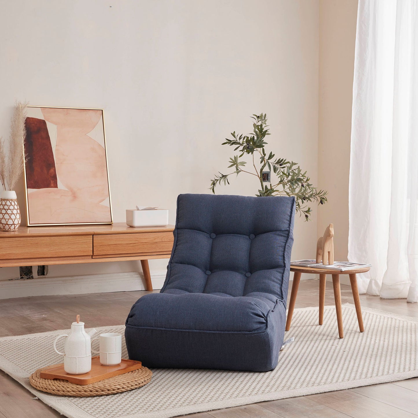 Single Sofa Reclining Japanese Chair Lazy Sofa Tatami Balcony Adjustable Chair - Navy