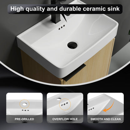 20" Wall Mounted Bathroom Vanity With Ceramic Sink And Storage Cabinet - Oak