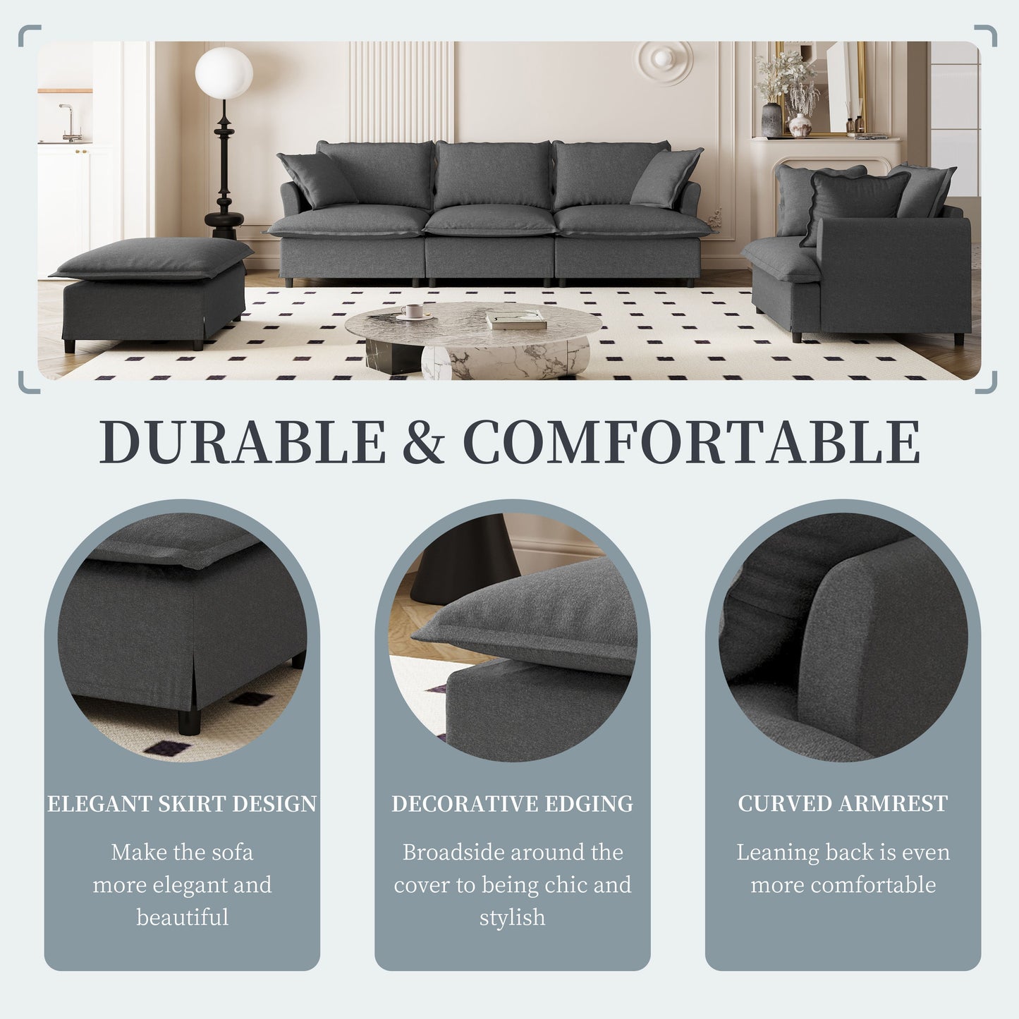 3 Piece Living Room Set Modular L Shaped Sectional Couch Upholstered, 3 Seater Sofa & Armchair & Movable Ottoman 5 Seat - Gray