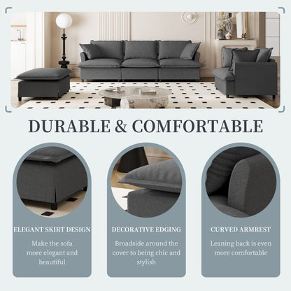 3 Piece Living Room Set Modular L Shaped Sectional Couch Upholstered, 3 Seater Sofa & Armchair & Movable Ottoman 5 Seat - Gray