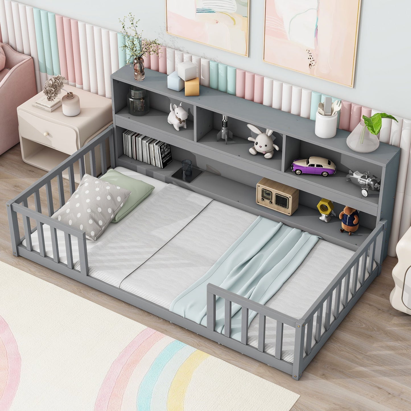 Twin Floor Bed With Bedside Bookcase, Shelves, Guardrails - Gray