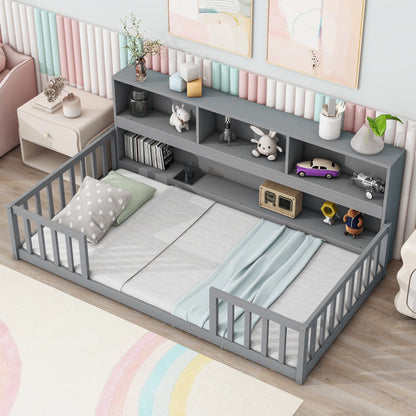 Twin Floor Bed With Bedside Bookcase, Shelves, Guardrails - Gray