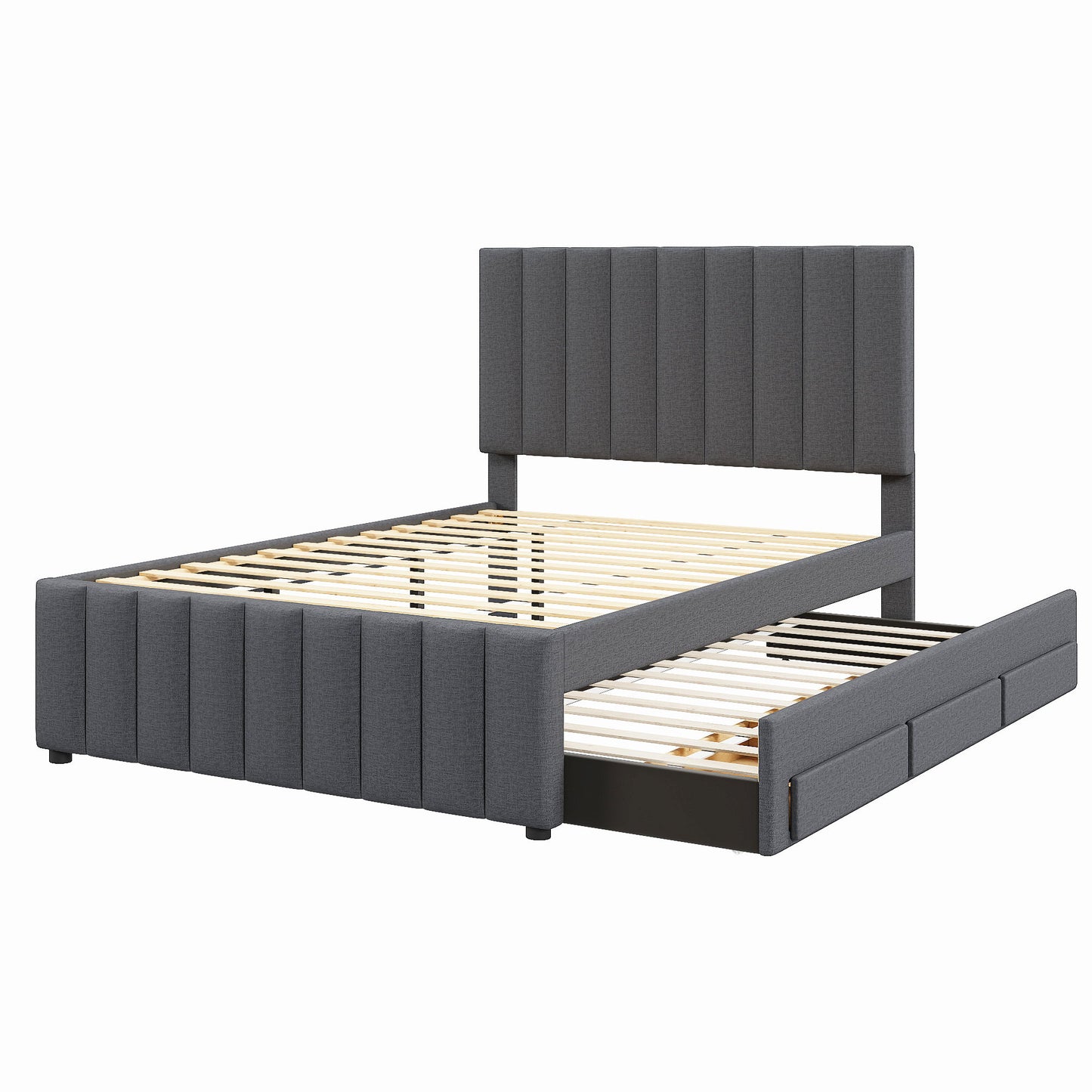 Full Size Upholstered Platform Bed With Twin Size Trundle And 3 Drawers - Gray