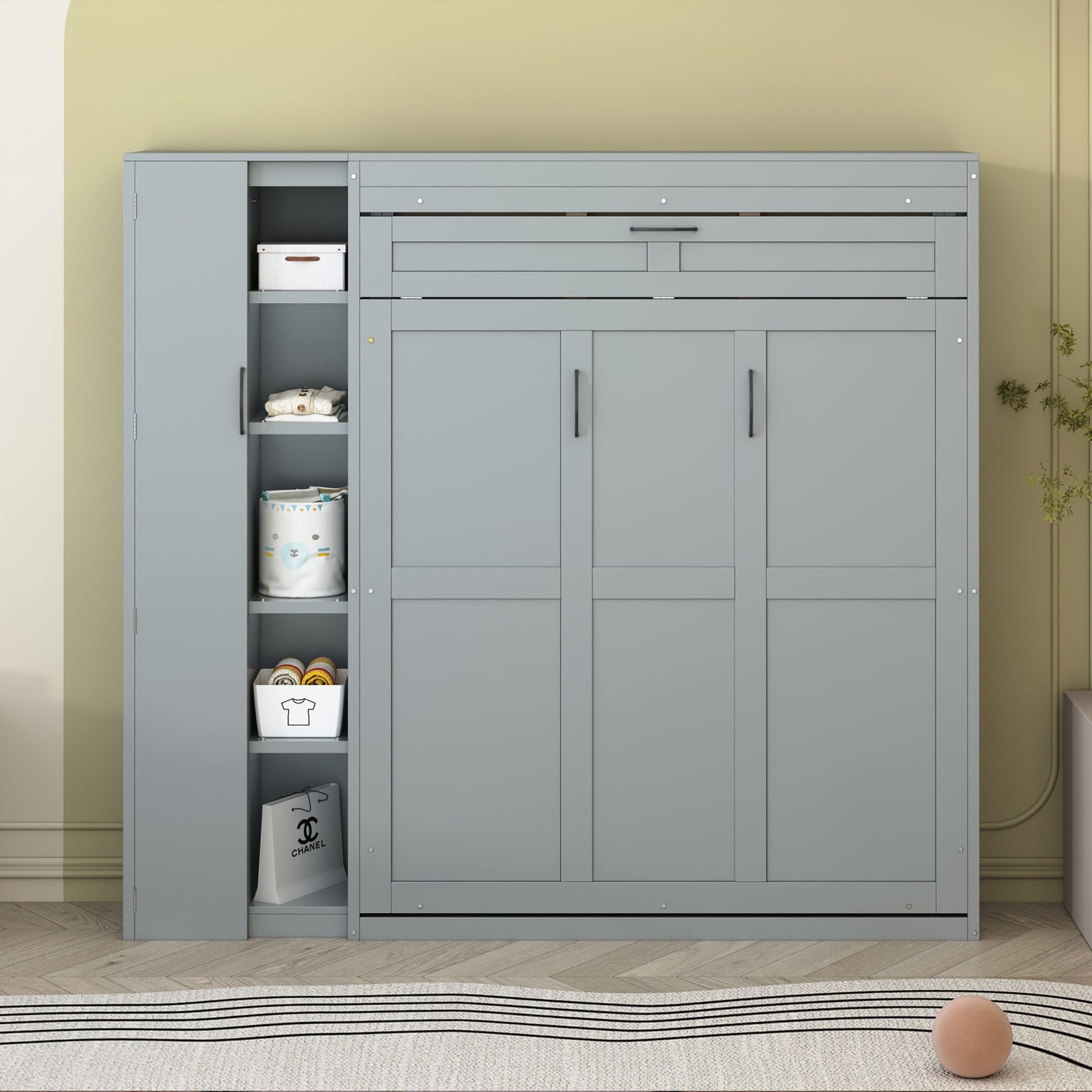 Full Size Murphy Wall Bed With Shelves, Wardrobe And LED Lights - Gray