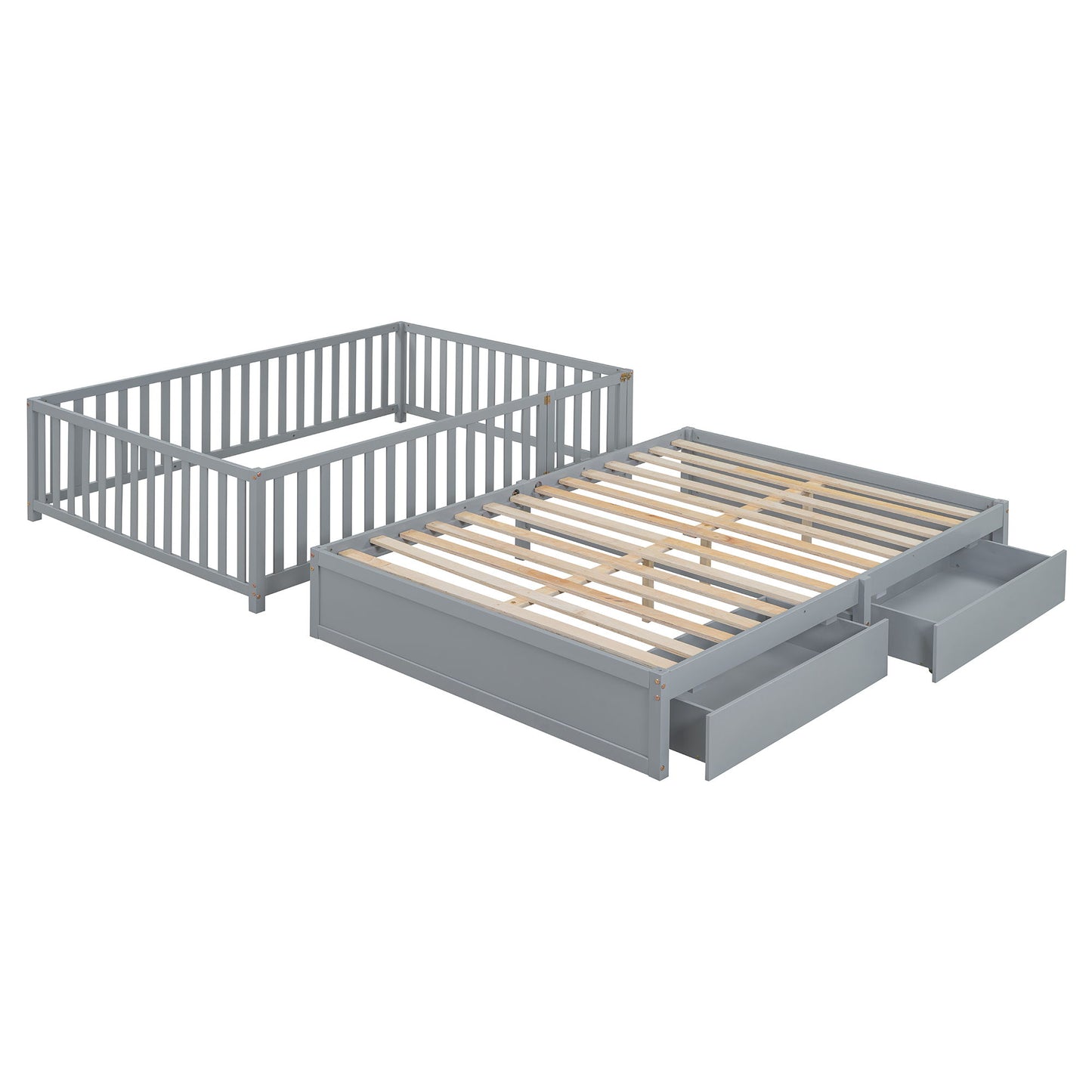 Full Size Daybed With Fence Guardrails And 2 Drawers - Gray