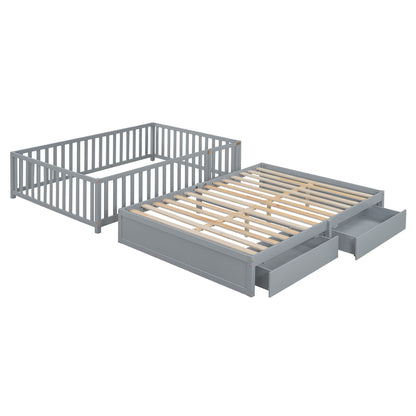 Full Size Daybed With Fence Guardrails And 2 Drawers - Gray