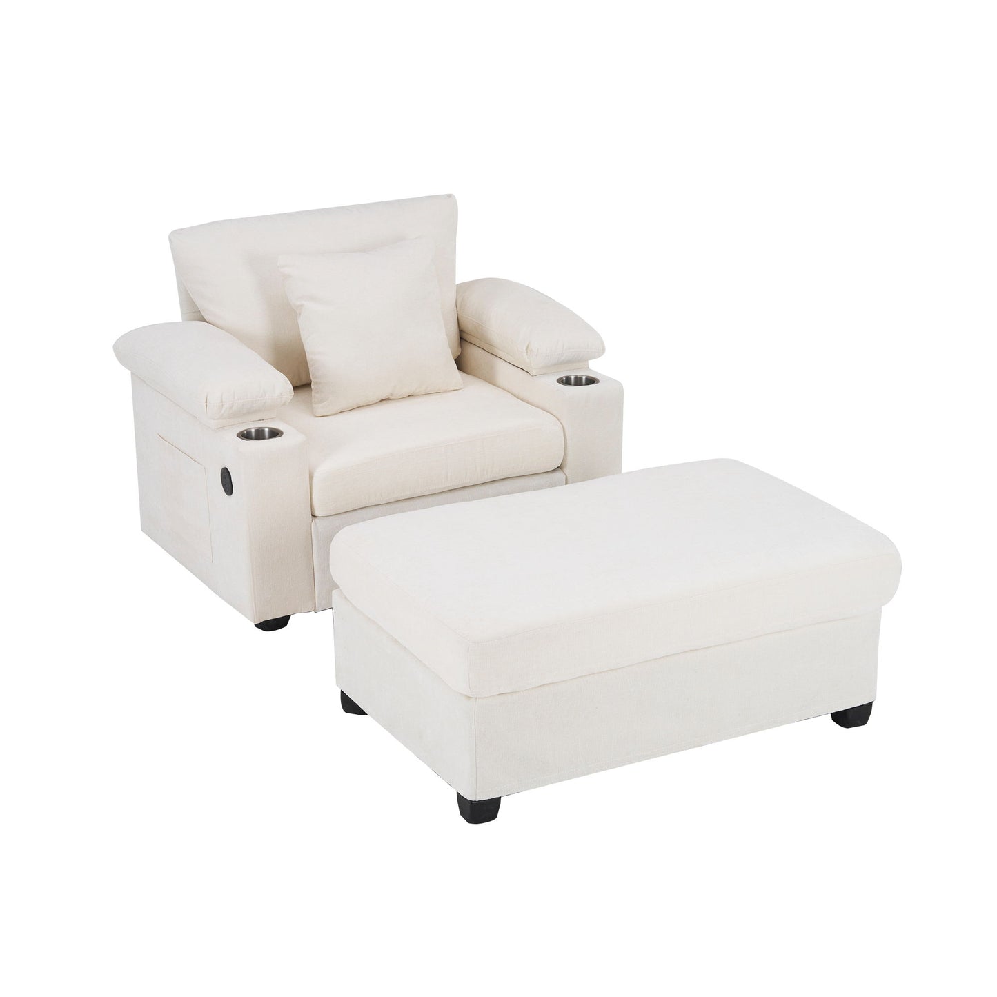 Modern Oversized Chair With Ottoman, Chenille Fabric Sofa Bed, Accent Chair Comfy Sofa With Cupholders And USB Charging Ports Chair For Living Room, Bedroom, Apartment - Beige