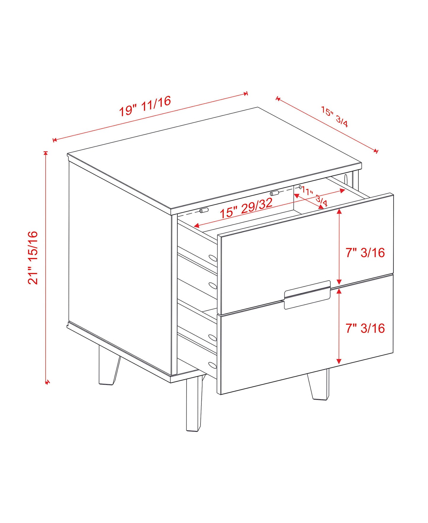 Mid-Century Modern 2 Drawer Solid Wood Nighstand With Cutout Handles - White