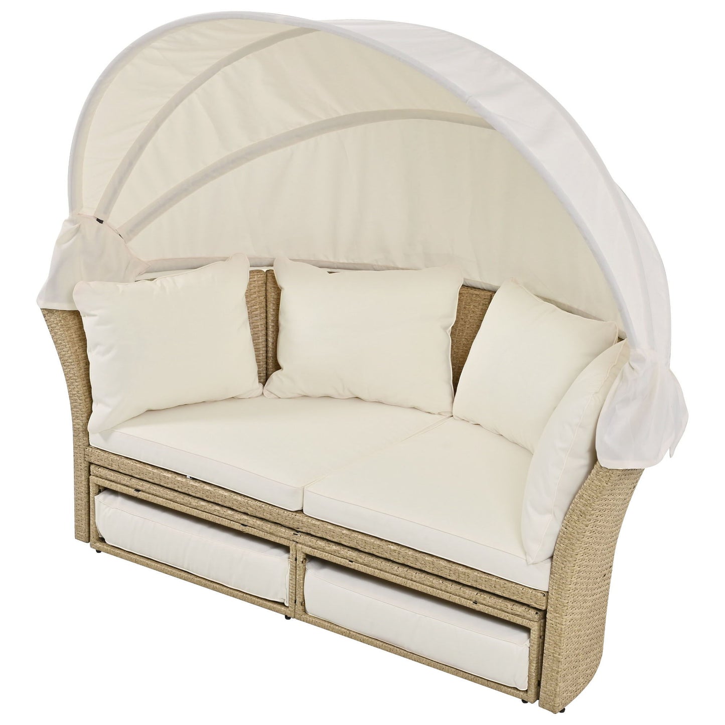 Outdoor Patio Daybed Wicker Rattan Double Daybed Round Sofa Furniture Set With Retractable Canopy, 4 Pillows For Lawn Garden Backyard Porch Pool - Beige