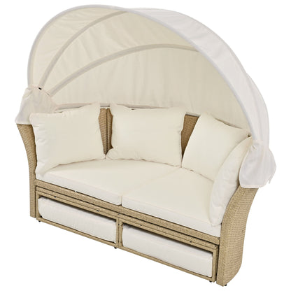 Outdoor Patio Daybed Wicker Rattan Double Daybed Round Sofa Furniture Set With Retractable Canopy, 4 Pillows For Lawn Garden Backyard Porch Pool - Beige