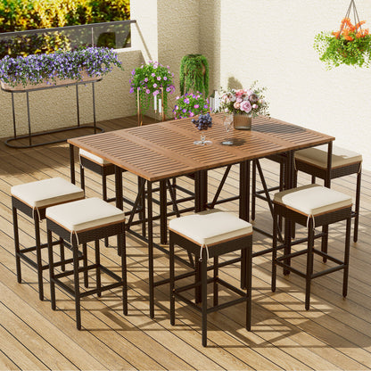 10 Piece Outdoor Acacia Wood Bar Height Table And 8 Stools With Cushions, Garden Wicker Dining Table, Foldable Tabletop, High Dining Bistro Set, All-Weather Patio Furniture - Brown