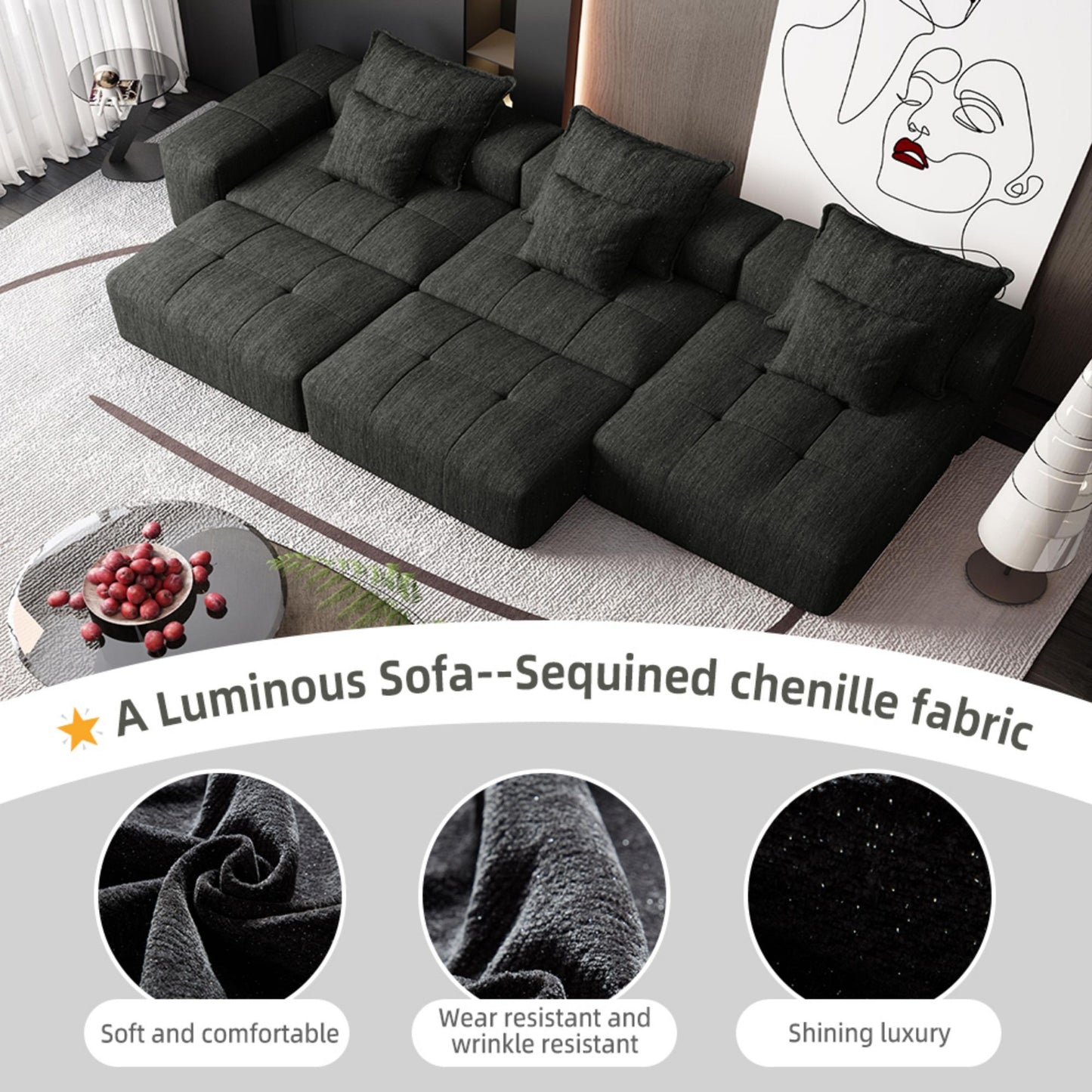 Modern Oversized Modular Sectional Sofa, Sparkling Chenille Fabric Soft Cushion Sofa With 6 Pillows, 6 Pieces Diy Combination Tufted Sofa, No Assembly Required - Black