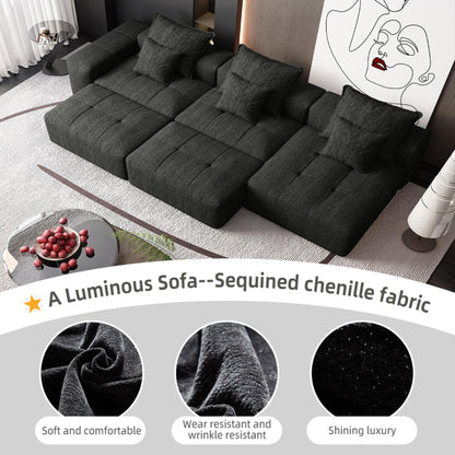 Modern Oversized Modular Sectional Sofa, Sparkling Chenille Fabric Soft Cushion Sofa With 6 Pillows, 6 Pieces Diy Combination Tufted Sofa, No Assembly Required - Black