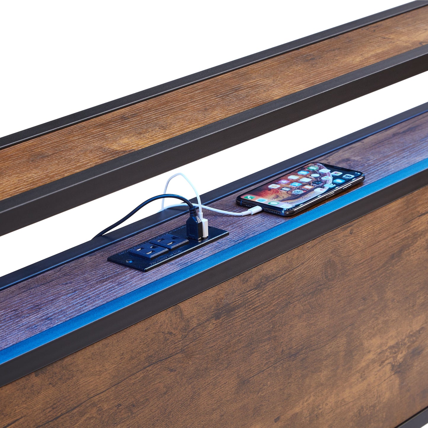 Queen Size Modern Metal Platform Bed Frame With Wooden Headboard And Footboard, USB Charging Station, LED Lights, And 2 Drawers, No Box Spring Needed - Brown / Black
