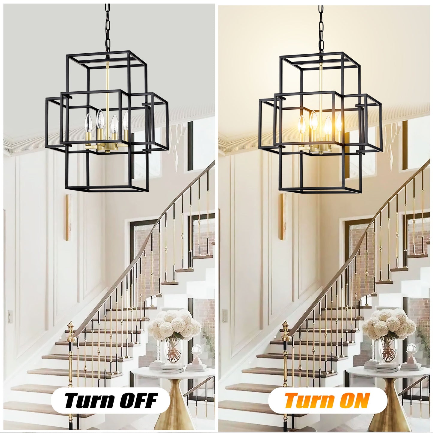4 Light Metal Lantern Tiered Pendant Hanging Light Fixtures, Industrial Farmhouse Adjustable Height Chandeliers For Dining Room Hallway Foyer Entryway (E12 Bulbs Not Included) - Matte Black / Gold