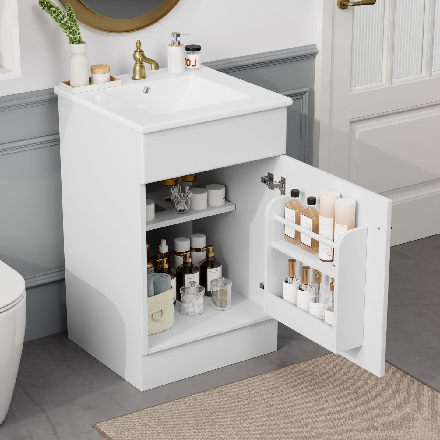 20" Bathroom Vanity With Sink, Freestanding Cabinet With Door Shelf And Adjustable Shelf, And Ceramic Construction - White