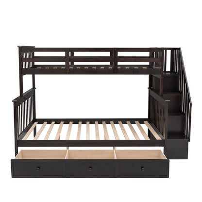 Twin Over Full Stairway Bunk Bed With Drawer, Storage And Guard Rail For Bedroom - Espresso