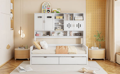 Twin Size Daybed With 2 Drawers And All In One Cabinet And Shelf - White