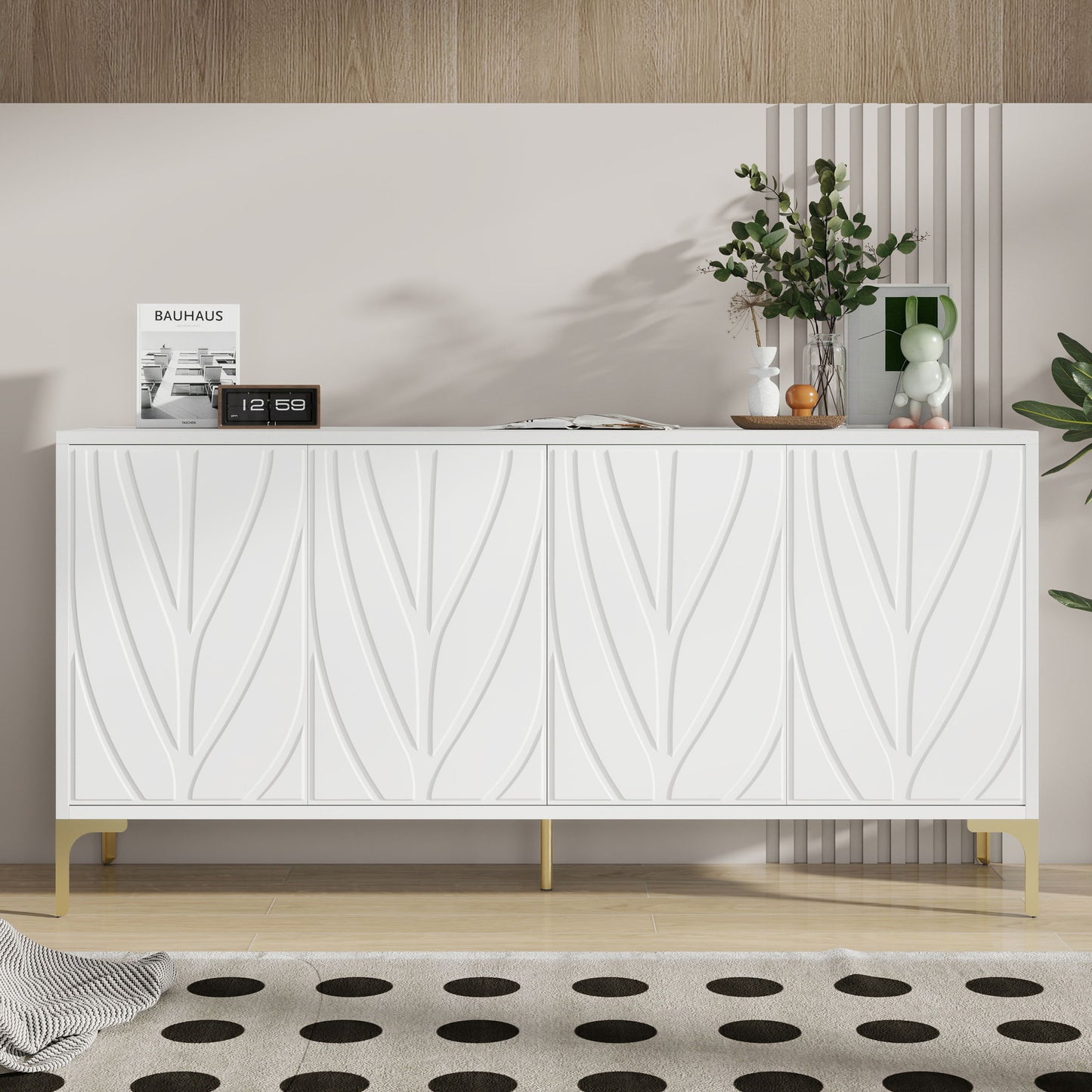 Creative Carved 4 Door Sideboard With Handleless Press To Open Design - White