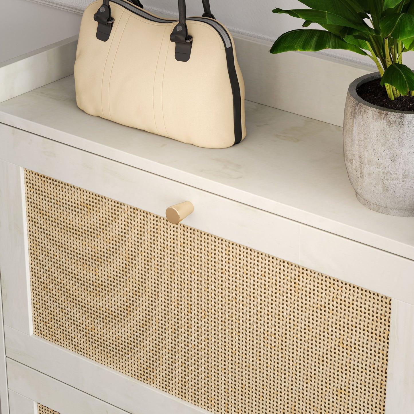 Natural Bohemia Style Shoe Cabinet, Shoe Rack Cabinet With 3 Rattan Flip Drawers, 3 Square Shelves And 1 Storage Drawer, Shoe Organizer With Mulit Storage Space And Hooks For Hallway, Entryway - White