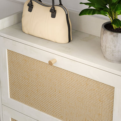 Natural Bohemia Style Shoe Cabinet, Shoe Rack Cabinet With 3 Rattan Flip Drawers, 3 Square Shelves And 1 Storage Drawer, Shoe Organizer With Mulit Storage Space And Hooks For Hallway, Entryway - White