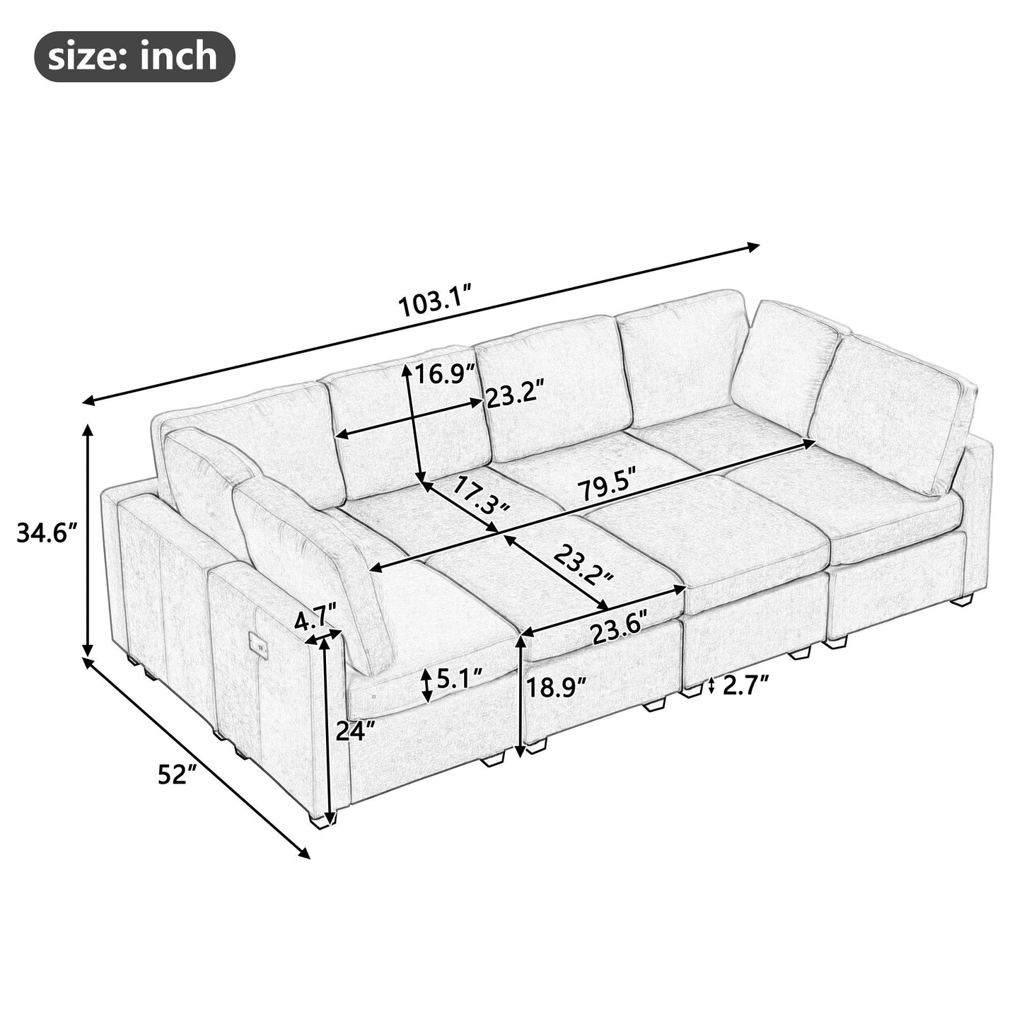 Sectional Sofa Couch Sofa Bed U-Shaped Sofa With Two Movable Ottoman And Three USB Ports For Living Room - Beige