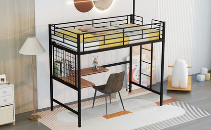 Twin Loft Bed With Desk And Grid - Black