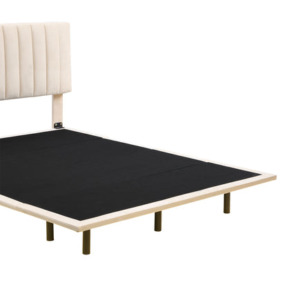 Queen Size Upholstered Bed With Sensor Light And Headboard, Floating Platform Bed - Beige