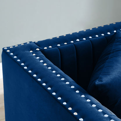 Contemporary Vertical Channel Tufted Velvet Sofa Loveseat Upholstered 2 Pieces Set With 4 Pillows - Blue