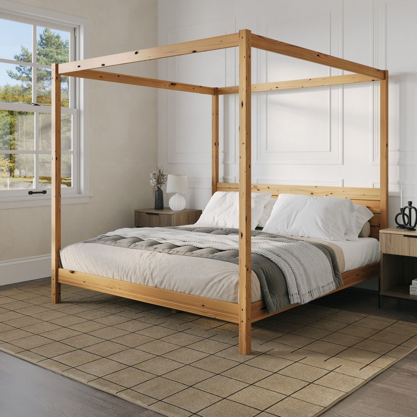 King Canopy Bed Frame Modern Minimalist Boho - Natural Pine