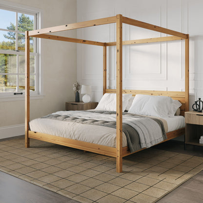 King Canopy Bed Frame Modern Minimalist Boho - Natural Pine