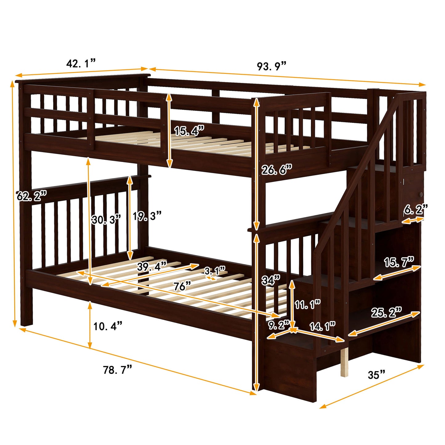 Twin Over Twin Stairway Bunk Bed With Storage And Guard Rail For Bedroom - Espresso
