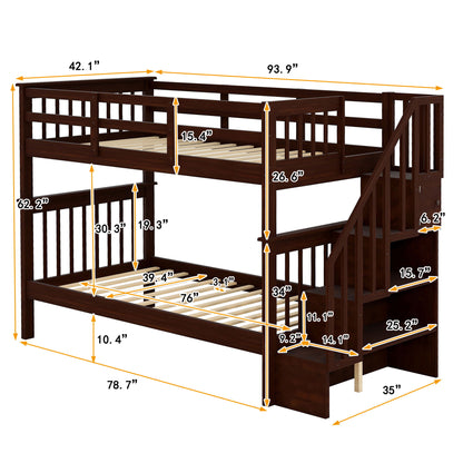 Twin Over Twin Stairway Bunk Bed With Storage And Guard Rail For Bedroom - Espresso