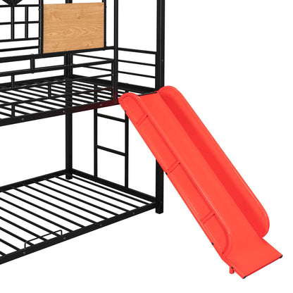 Twin Over Twin Bunk Bed, Housebed With Slide And Storage Stair - Black / Red