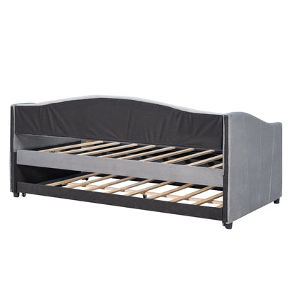 Twin Size Upholstered Daybed Sofa Bed With Trundle And Slat - Gray