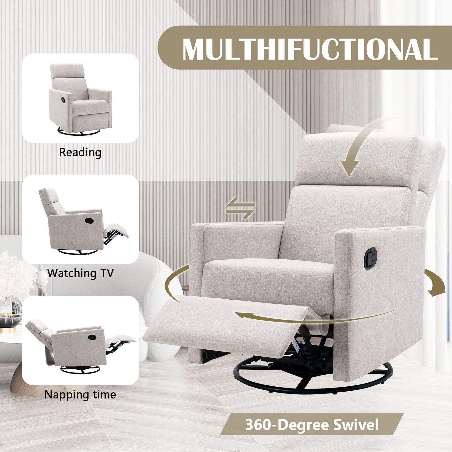 Modern Upholstered Rocker Nursery Chair Plush Seating Glider Swivel Recliner Chair - Tan