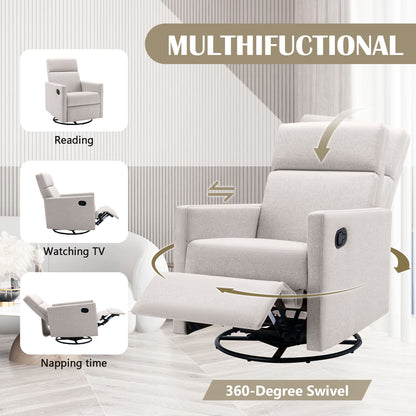 Modern Upholstered Rocker Nursery Chair Plush Seating Glider Swivel Recliner Chair - Tan