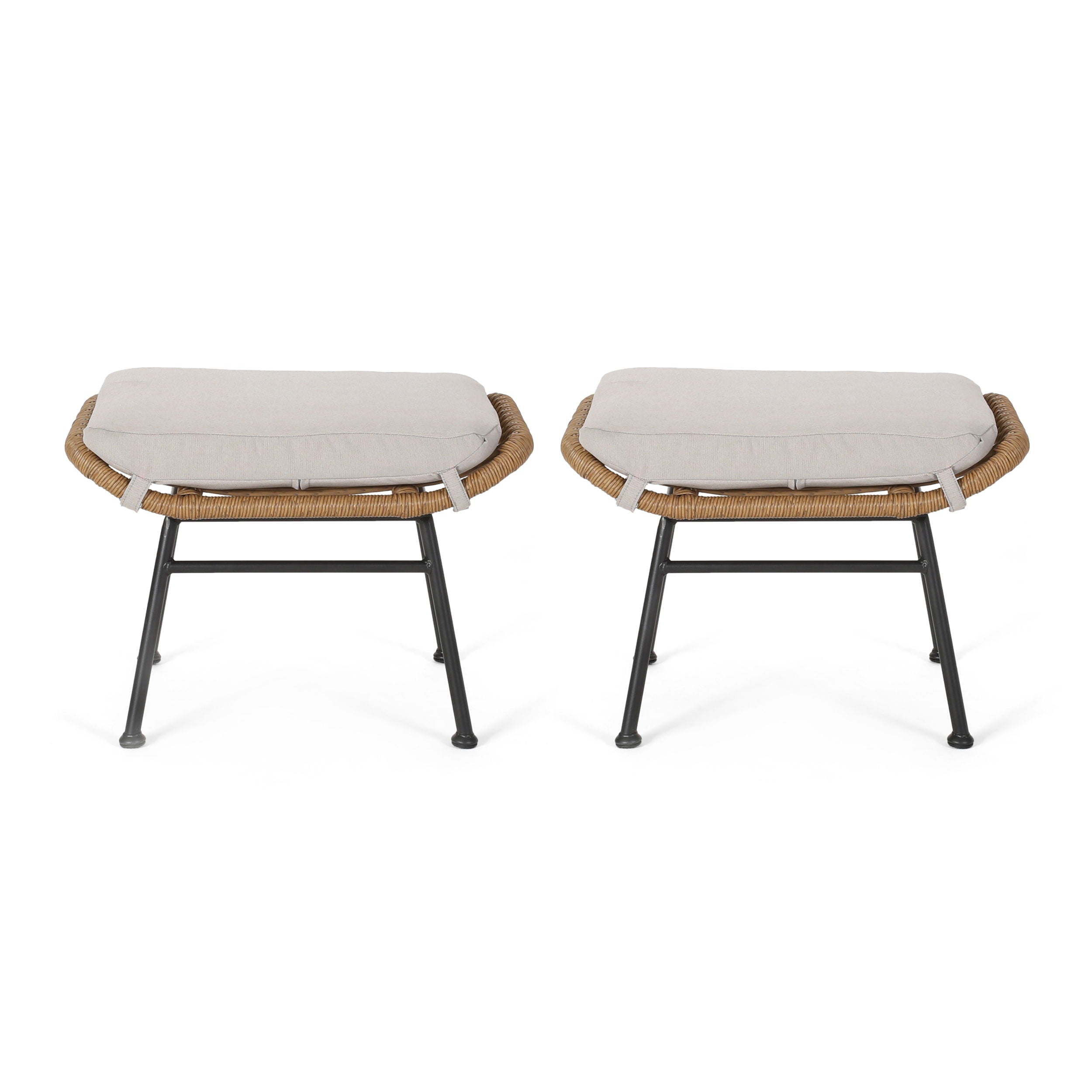 Outdoor Modern Boho Wicker Ottoman With Cushions (Set of 2) - Beige / Brown