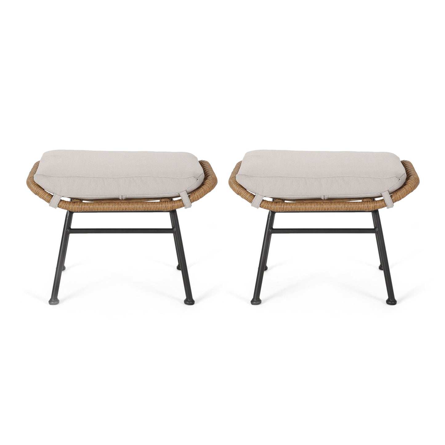Outdoor Modern Boho Wicker Ottoman With Cushions (Set of 2) - Beige / Brown