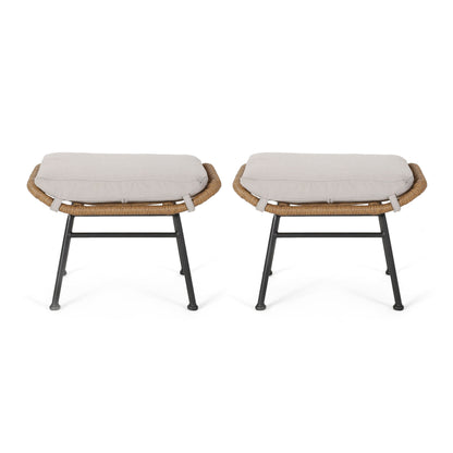 Outdoor Modern Boho Wicker Ottoman With Cushions (Set of 2) - Beige / Brown