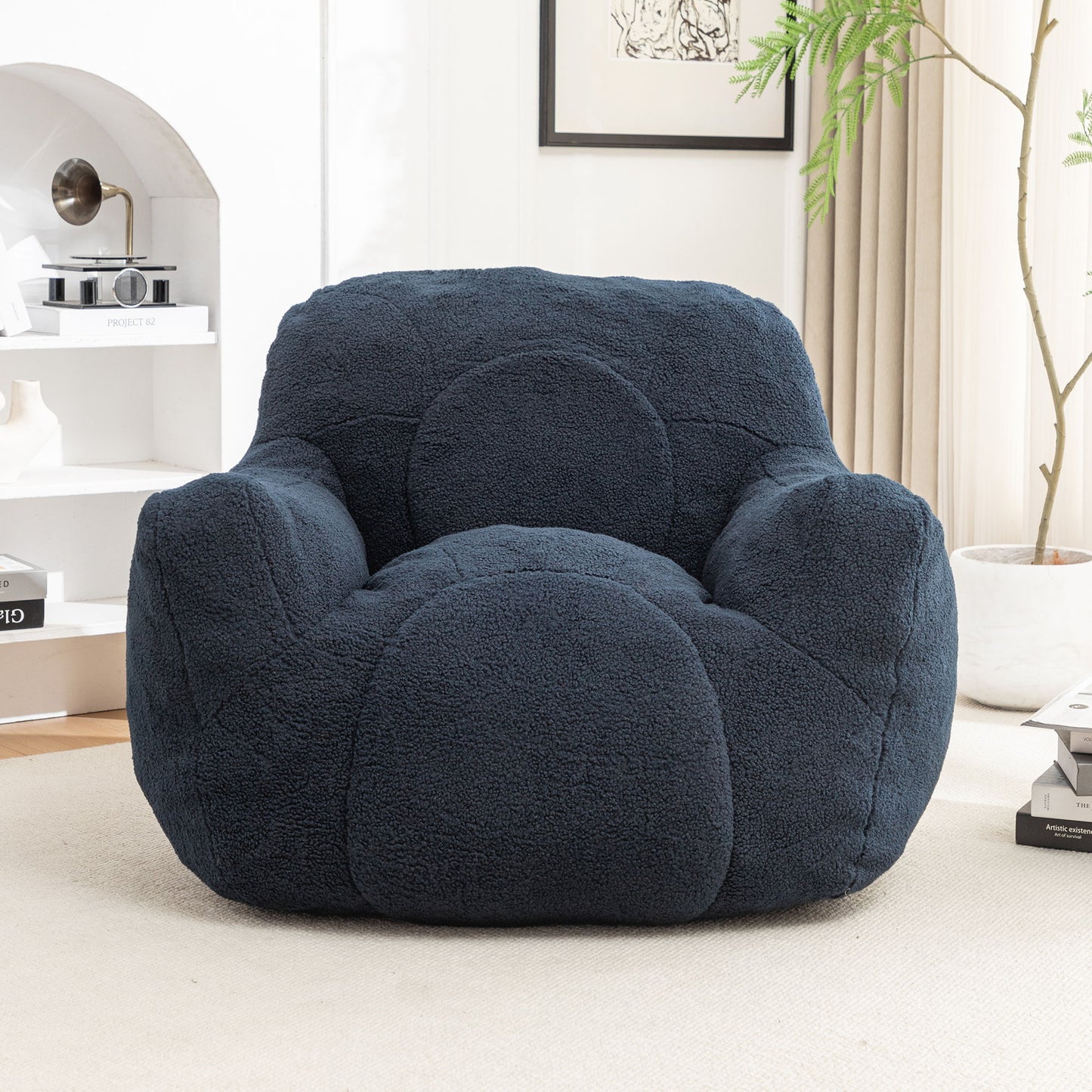 Comfy Bean Bag Chair With Filler, Tufted Memory Foam Sofa, Teddy Fabric, Fluffy And Cozy Seating For Dorm, Apartment, Or Living Room - Dark Blue