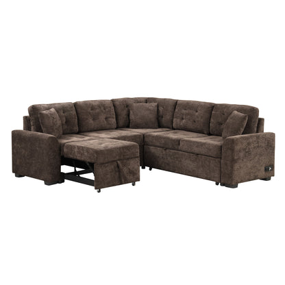 L-Shape Sofa Bed Pull-Out Sleeper Sofa With Wheels, USB Ports, Power Sockets For Living Room - Brown