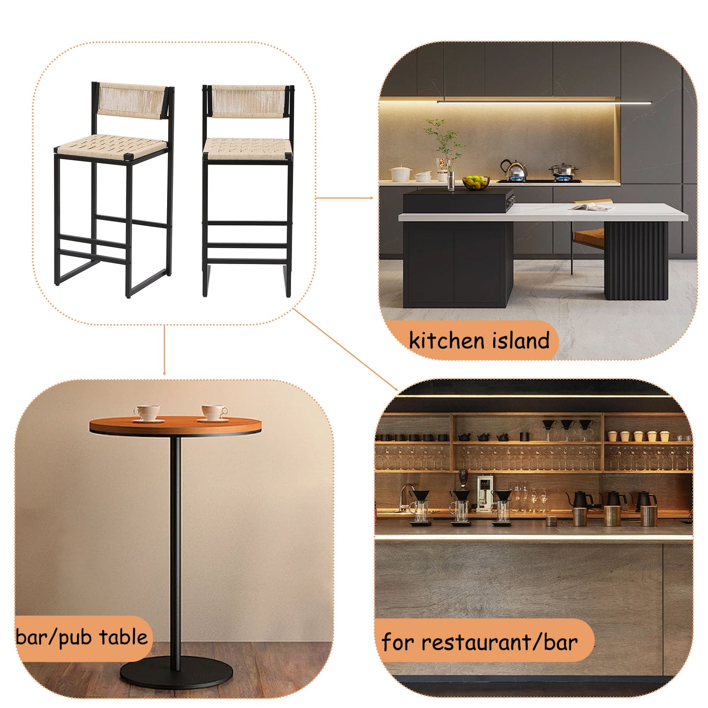 Style B, Woven Bar Stools With Backrest, Paper Rope Weave Dining Chairs For Kitchen Island - Creamy White