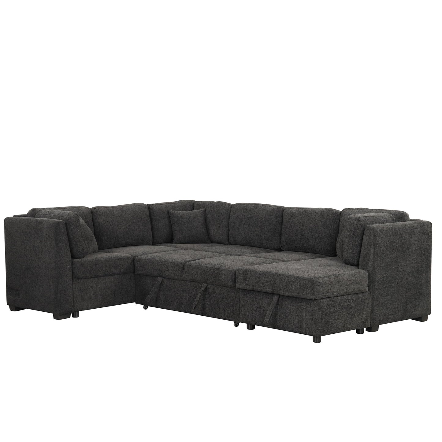 U-Shaped Sectional Sofa Pull Out Sofa Bed With Two USB Ports, Two Power Sockets, Three Back Pillows And A Storage Chaise For Living Room - Black
